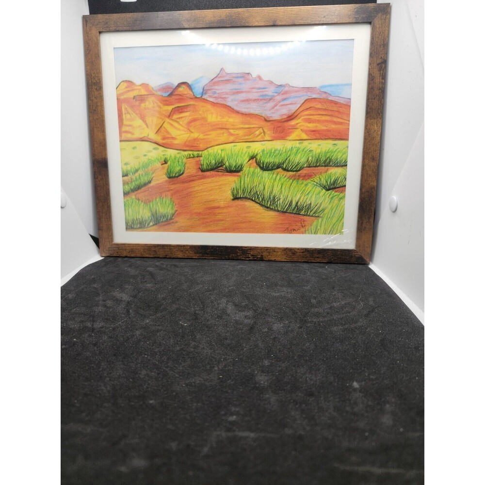 Hand Crafted Dessert Mountain Landscape Colored Pencil Drawing Framed 9x11" - Picture 7 of 16